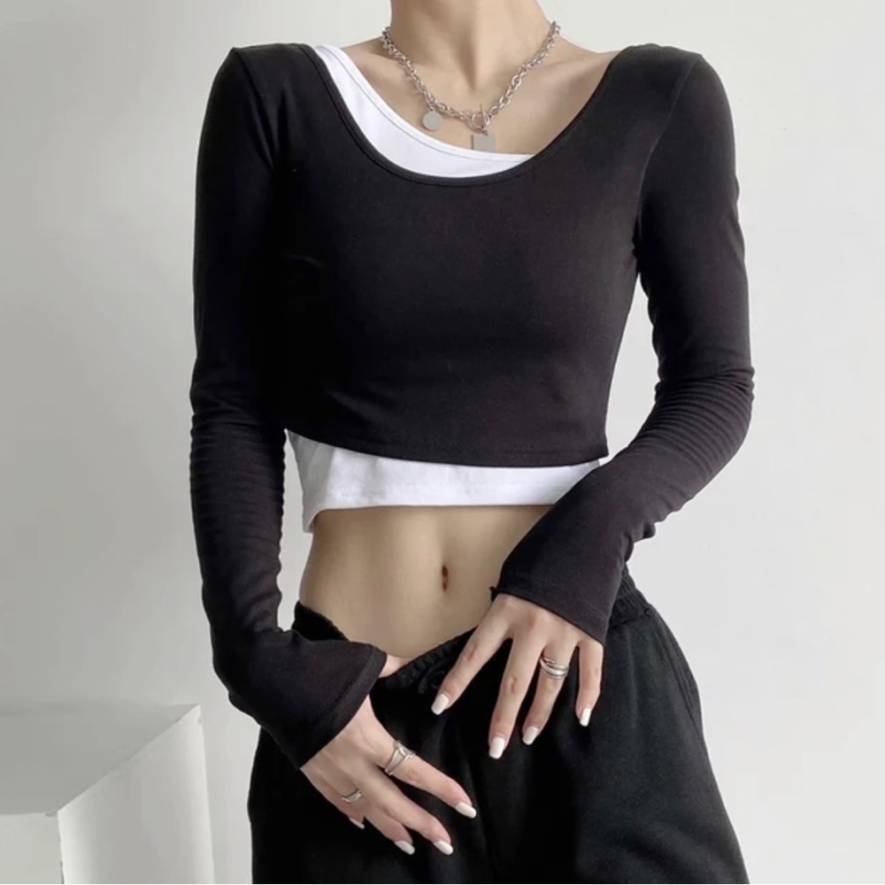 Astonishing Power Asymmetric Overlay To Front Long Sleeve Crop Top NWT